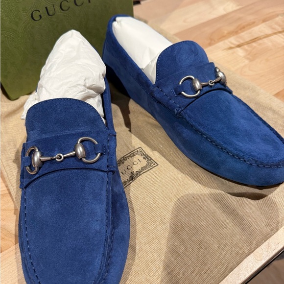NWT Gucci Royal Blue Suede Mens Driver with Horsebit Shoes Size 8 FULL SET - Picture 2 of 10